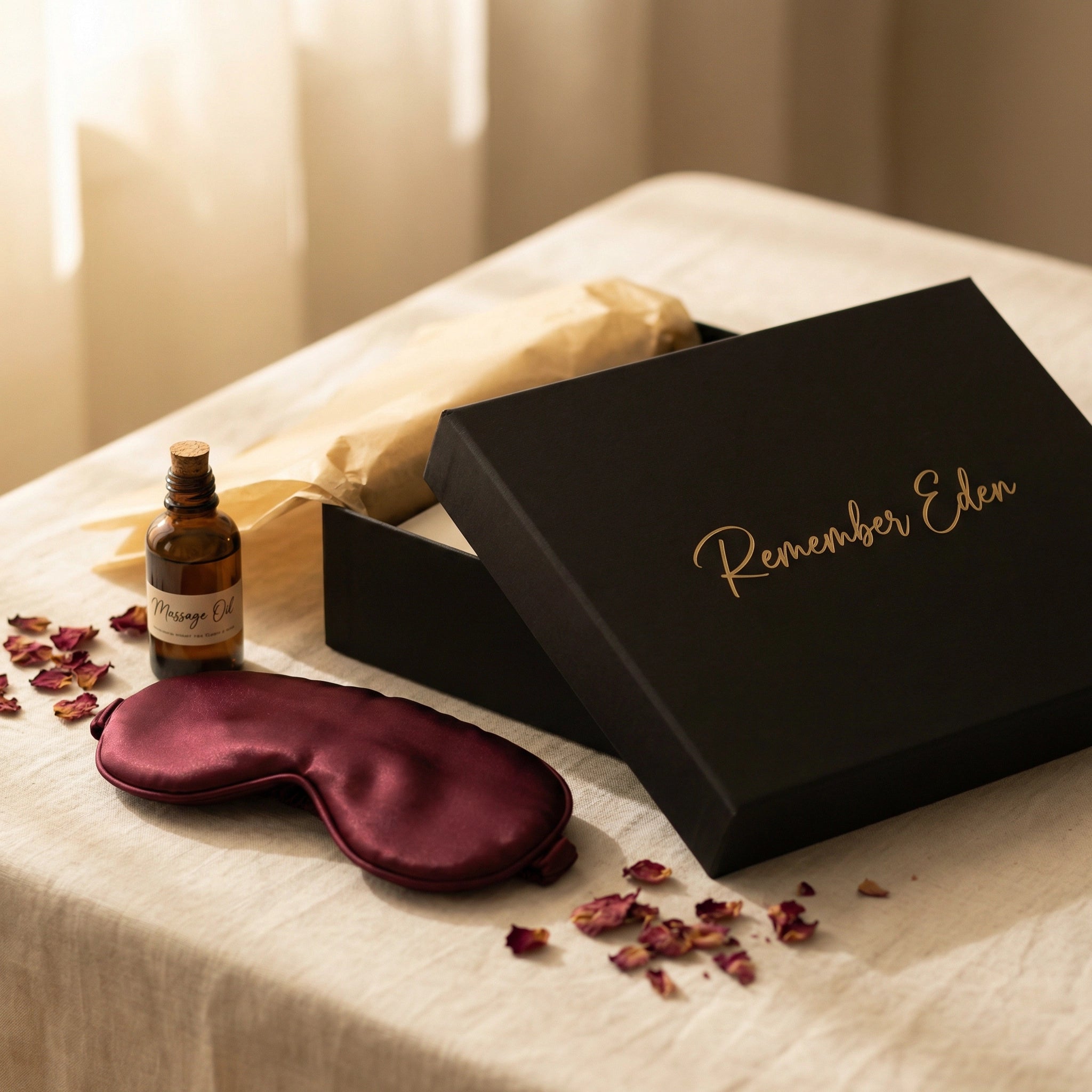 The Very Good Box by Remember Eden - a luxury curated intimacy gift box with massage oil, silk blindfold, and rose petals